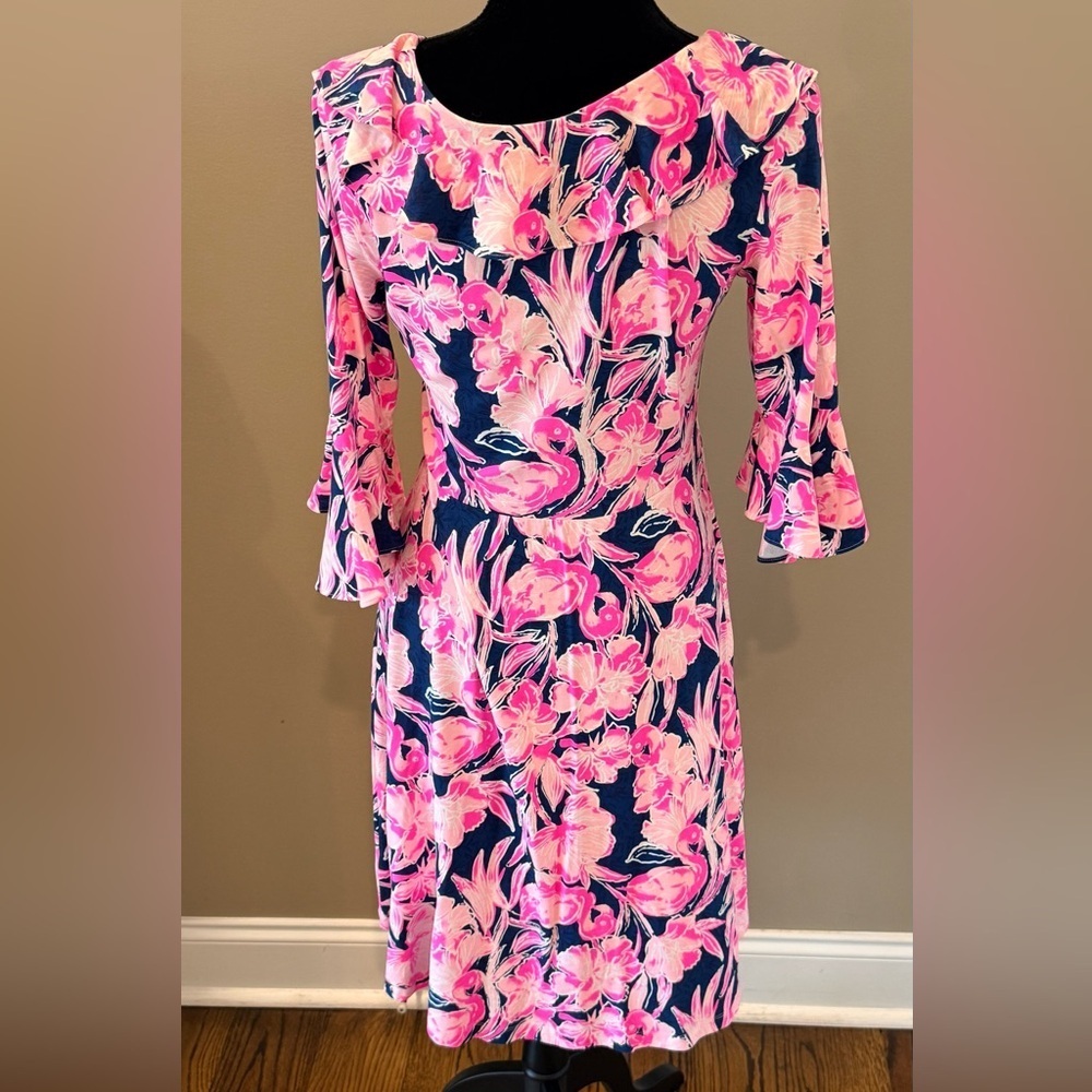 Women’s LILLY PULITZER Stirling dress- Inky Navy Flamingle. Size medium - Picture 4 of 7